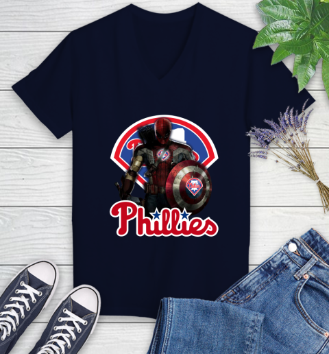MLB Captain America Thor Spider Man Hawkeye Avengers Endgame Baseball Philadelphia Phillies Women's V-Neck T-Shirt 3