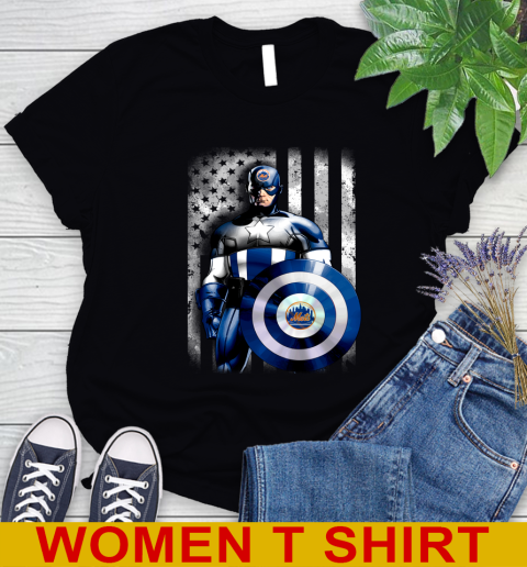 New York Mets MLB Baseball Captain America Marvel Avengers American Flag Shirt Women's T-Shirt