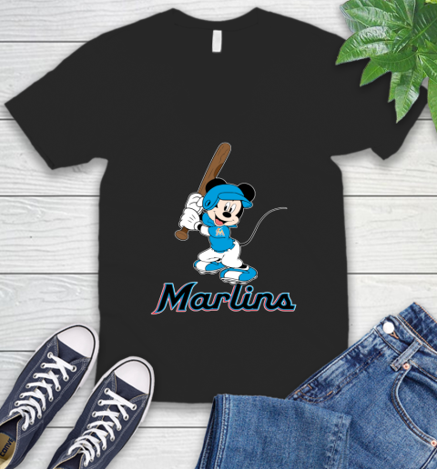 MLB Baseball Miami Marlins Cheerful Mickey Mouse Shirt V-Neck T-Shirt