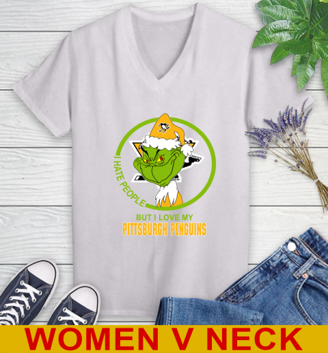 Pittsburgh Penguins NHL Christmas Grinch I Hate People But I Love My Favorite Hockey Team Women's V-Neck T-Shirt
