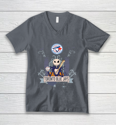 MLB Toronto Blue Jays Baseball Jack Skellington Halloween V-Neck T-Shirt 4