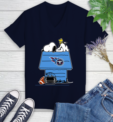 Tennessee Titans NFL Football Snoopy Woodstock The Peanuts Movie Women's V-Neck T-Shirt 3