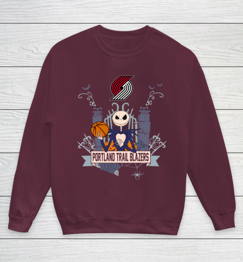 NBA Portland Trail Blazers Basketball Jack Skellington Halloween Youth Sweatshirt 4