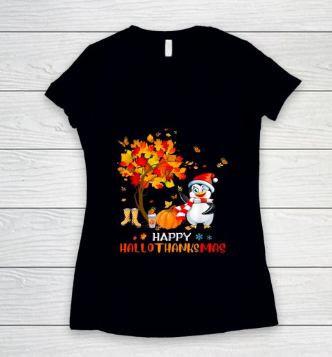 Penguin Halloween And Merry Christmas Happy Hallothanksmas Funny Women's V-Neck T-Shirt