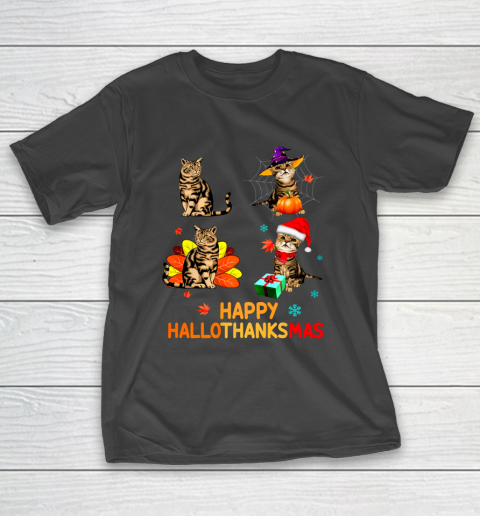 Cat Halloween Thanksgiving Christmas Happy Hallothanksmas T-Shirt