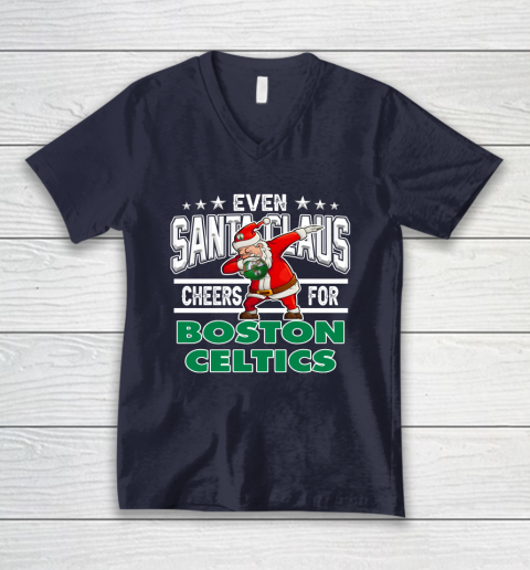 Boston Celtics Even Santa Claus Cheers For Christmas NBA V-Neck T-Shirt 2