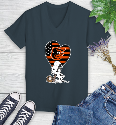 Baltimore Orioles MLB Baseball The Peanuts Movie Adorable Snoopy Women's V-Neck T-Shirt 8