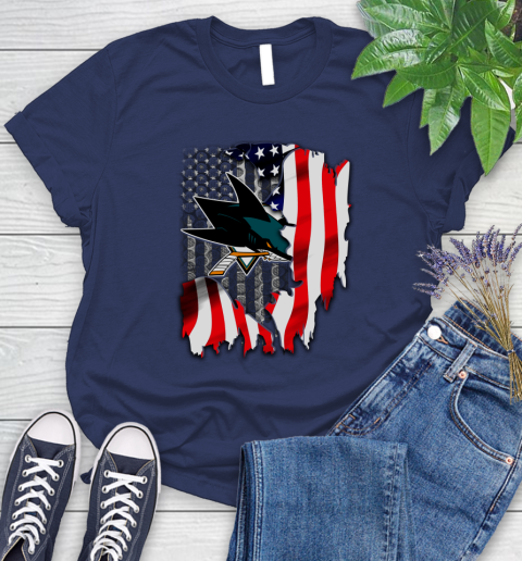 San Jose Sharks NHL Hockey American Flag Women's T-Shirt 14