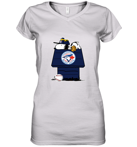 Toronto BLue Jays Snoopy And Woodstock Resting Together MLB Women's V-Neck T-Shirt