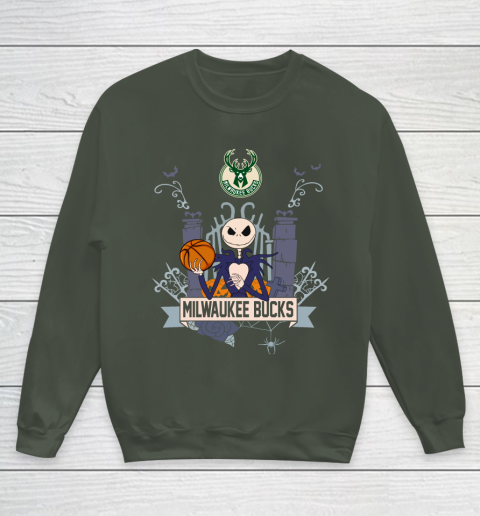NBA Milwaukee Bucks Basketball Jack Skellington Halloween Youth Sweatshirt 8