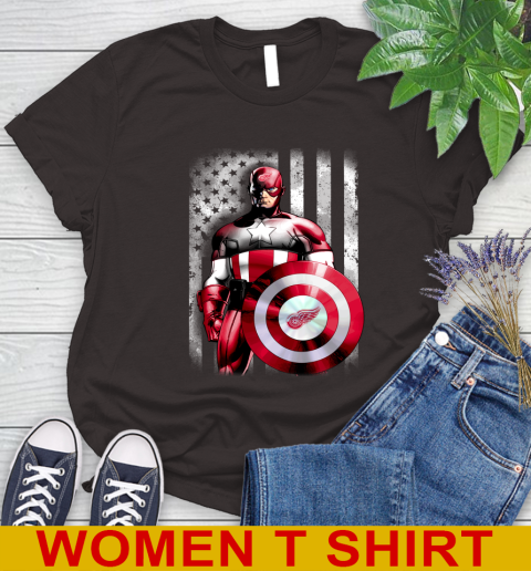 Detroit Red Wings NHL Hockey Captain America Marvel Avengers American Flag Shirt Women's T-Shirt 9