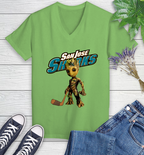 San Jose Sharks NHL Hockey Groot Marvel Guardians Of The Galaxy Women's V-Neck T-Shirt 11