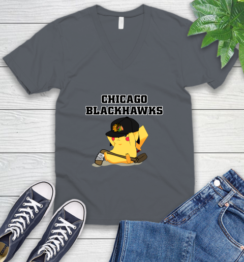 NHL Pikachu Hockey Sports Chicago Blackhawks V-Neck T-Shirt 5