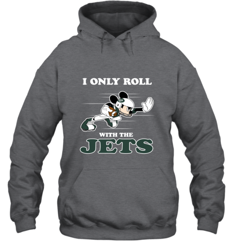 NFL Mickey Mouse I Only Roll With New York Jets ufml nfl mickey mouse i only roll with new york jets hoodie 23 front dark heather