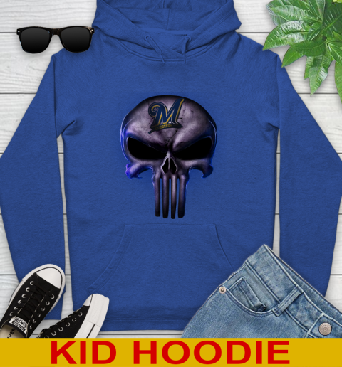 Milwaukee Brewers MLB Baseball Punisher Skull Sports Youth Hoodie 10