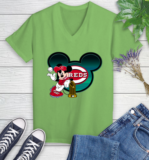 MLB Cincinnati Reds The Commissioner's Trophy Mickey Mouse Disney Women's V-Neck T-Shirt 11