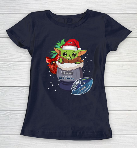 Seattle Seahawks Christmas Baby Yoda Star Wars Funny Happy NFL Women's T-Shirt 4