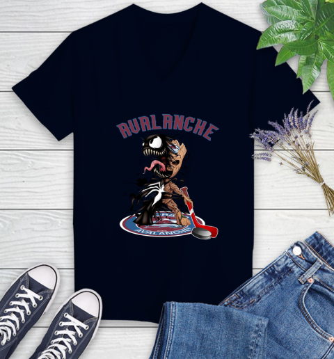 NHL Colorado Avalanche Hockey Venom Groot Guardians Of The Galaxy Women's V-Neck T-Shirt 3