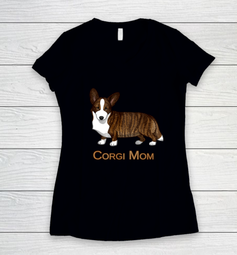Dog Mom Shirt Black Tan Brindle Cardigan Welsh Corgi Mom Dog Lover Gift Women's V-Neck T-Shirt