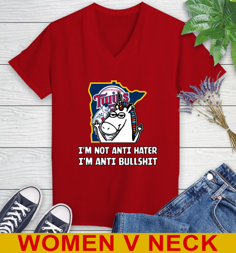 Minnesota Twins MLB Baseball Unicorn I'm Not Anti Hater I'm Anti Bullshit Women's V-Neck T-Shirt 12