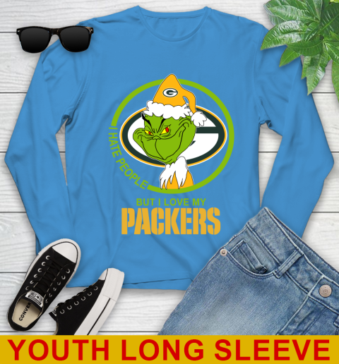 Green Bay Packers NFL Christmas Grinch I Hate People But I Love My Favorite Football Team Youth Long Sleeve 8