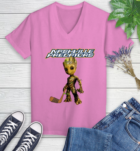 Nashville Predators NHL Hockey Groot Marvel Guardians Of The Galaxy Women's V-Neck T-Shirt 14