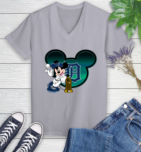MLB Detroit Tigers The Commissioner's Trophy Mickey Mouse Disney Women's V-Neck T-Shirt 4