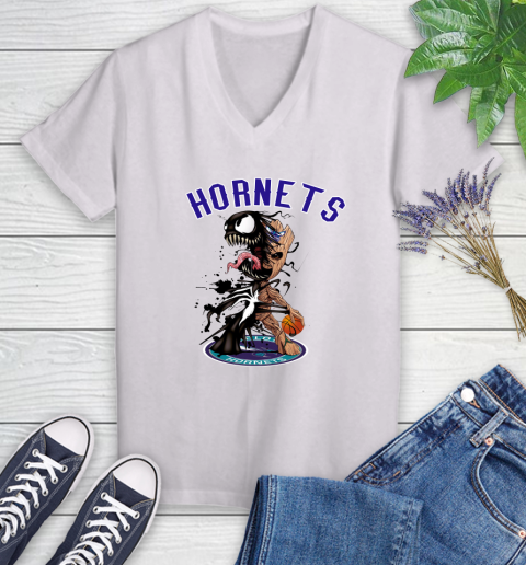 NBA Charlotte Hornets Basketball Venom Groot Guardians Of The Galaxy Women's V-Neck T-Shirt