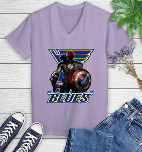 NHL Captain America Thor Spider Man Hawkeye Avengers Endgame Hockey St.Louis Blues Women's V-Neck T-Shirt 14