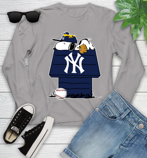 MLB New York Yankees Snoopy Woodstock The Peanuts Movie Baseball T Shirt Youth Long Sleeve 5