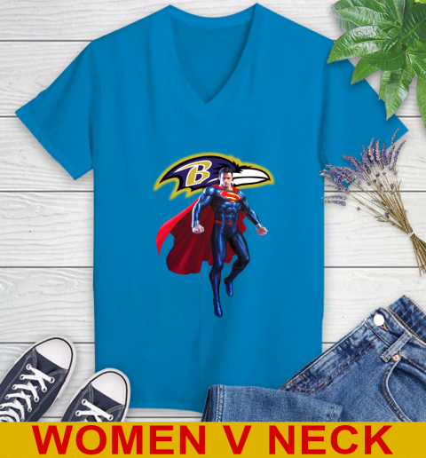 NFL Superman DC Sports Football Baltimore Ravens Women s V Neck T Shirt Tee For Sports
