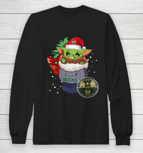 Milwaukee Bucks Christmas Baby Yoda Star Wars Funny Happy NBA Long Sleeve T-Shirt