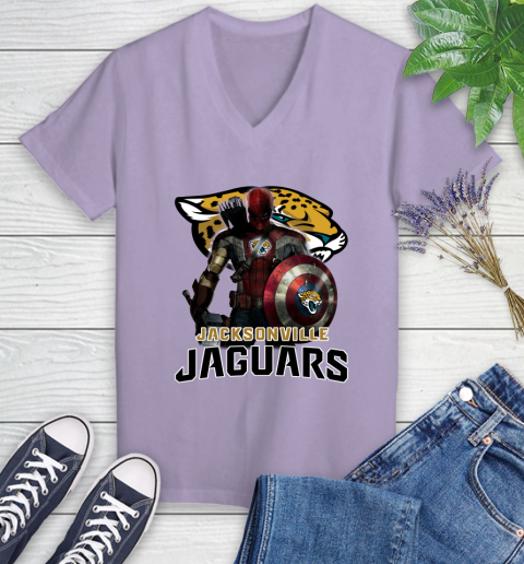 NFL Captain America Thor Spider Man Hawkeye Avengers Endgame Football Jacksonville Jaguars Women's V-Neck T-Shirt 14