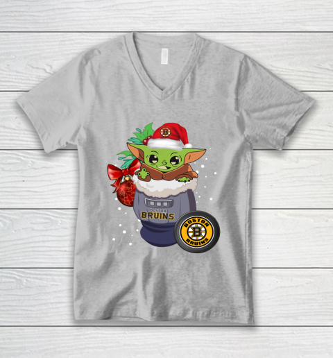 Boston Bruins Christmas Baby Yoda Star Wars Funny Happy NHL V-Neck T-Shirt 4
