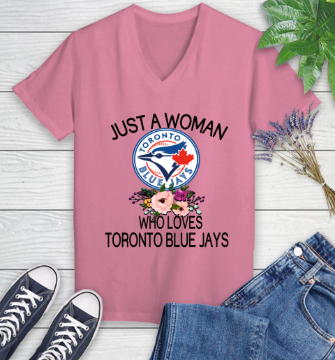 MLB Just A Woman Who Loves Toronto Blue Jays Baseball Sports Women's V-Neck T-Shirt 8