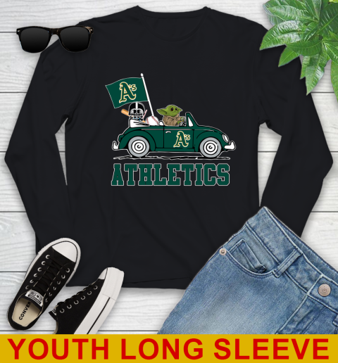 MLB Baseball Oakland Athletics Darth Vader Baby Yoda Driving Star Wars Shirt Youth Long Sleeve - Image 3
