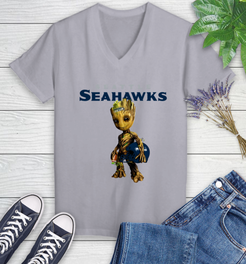 Seattle Seahawks NFL Football Groot Marvel Guardians Of The Galaxy Women's V-Neck T-Shirt 4