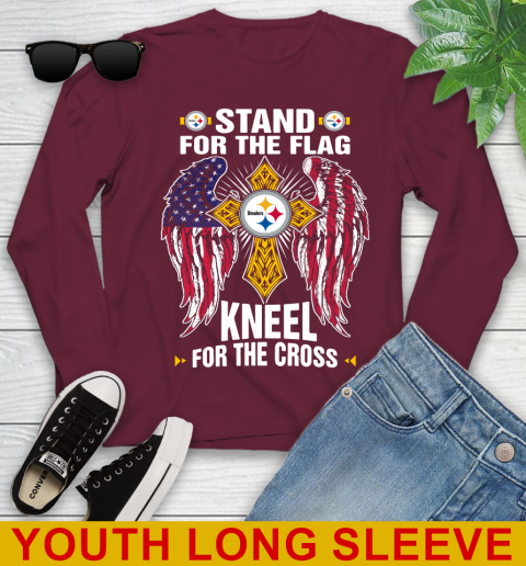 NFL Football Pittsburgh Steelers Stand For Flag Kneel For The Cross Shirt Youth Long Sleeve 6