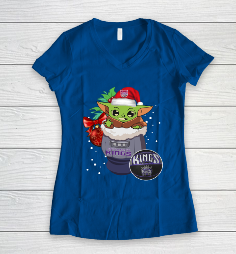 Sacramento Kings Christmas Baby Yoda Star Wars Funny Happy NBA Women's V-Neck T-Shirt 9