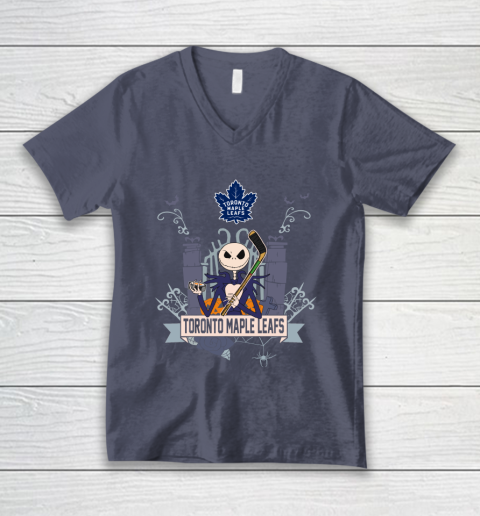NHL Toronto Maple Leafs Hockey Jack Skellington Halloween V-Neck T-Shirt 7