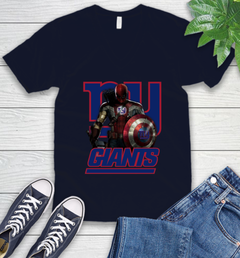 NFL Captain America Thor Spider Man Hawkeye Avengers Endgame Football New York Giants V-Neck T-Shirt 3