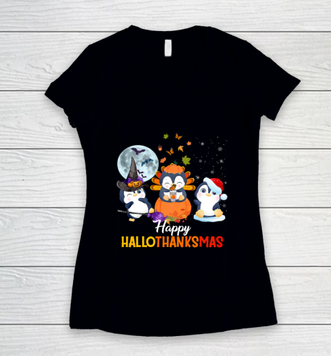 Penguin Halloween And Merry Christmas Happy Hallothanksmas Women's V-Neck T-Shirt