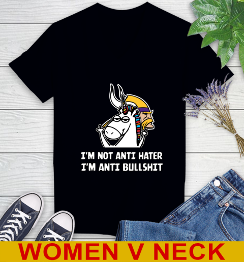 Minnesota Vikings NFL Football Unicorn I'm Not Anti Hater I'm Anti Bullshit Women's V-Neck T-Shirt 2