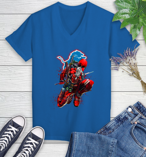 NFL Deadpool Marvel Comics Sports Football Detroit Lions Women's V-Neck T-Shirt 10