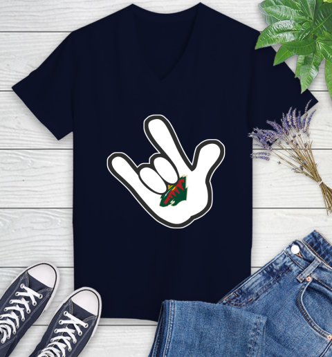 Minnesota Wild NHL Hockey Mickey Rock Hand Disney Women's V-Neck T-Shirt 3