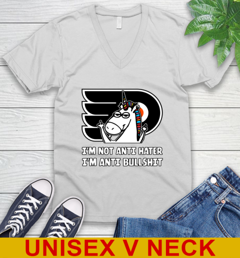 Philadelphia Flyers NHL Hockey Unicorn I'm Not Anti Hater I'm Anti Bullshit V-Neck T-Shirt