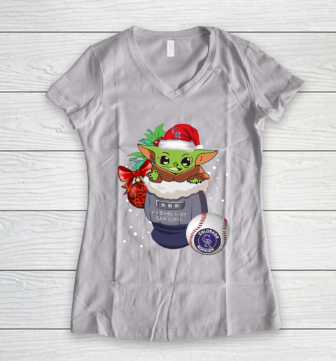 Colorado Rockies Christmas Baby Yoda Star Wars Funny Happy MLB Women's V-Neck T-Shirt 2