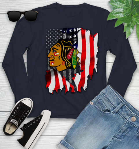 Chicago Blackhawks NHL Hockey American Flag Youth Long Sleeve 2