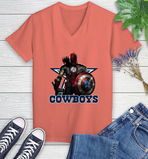 NFL Captain America Thor Spider Man Hawkeye Avengers Endgame Football Dallas Cowboys Women's V-Neck T-Shirt 6