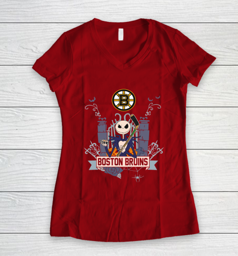 NHL Boston Bruins Hockey Jack Skellington Halloween Women's V-Neck T-Shirt 8